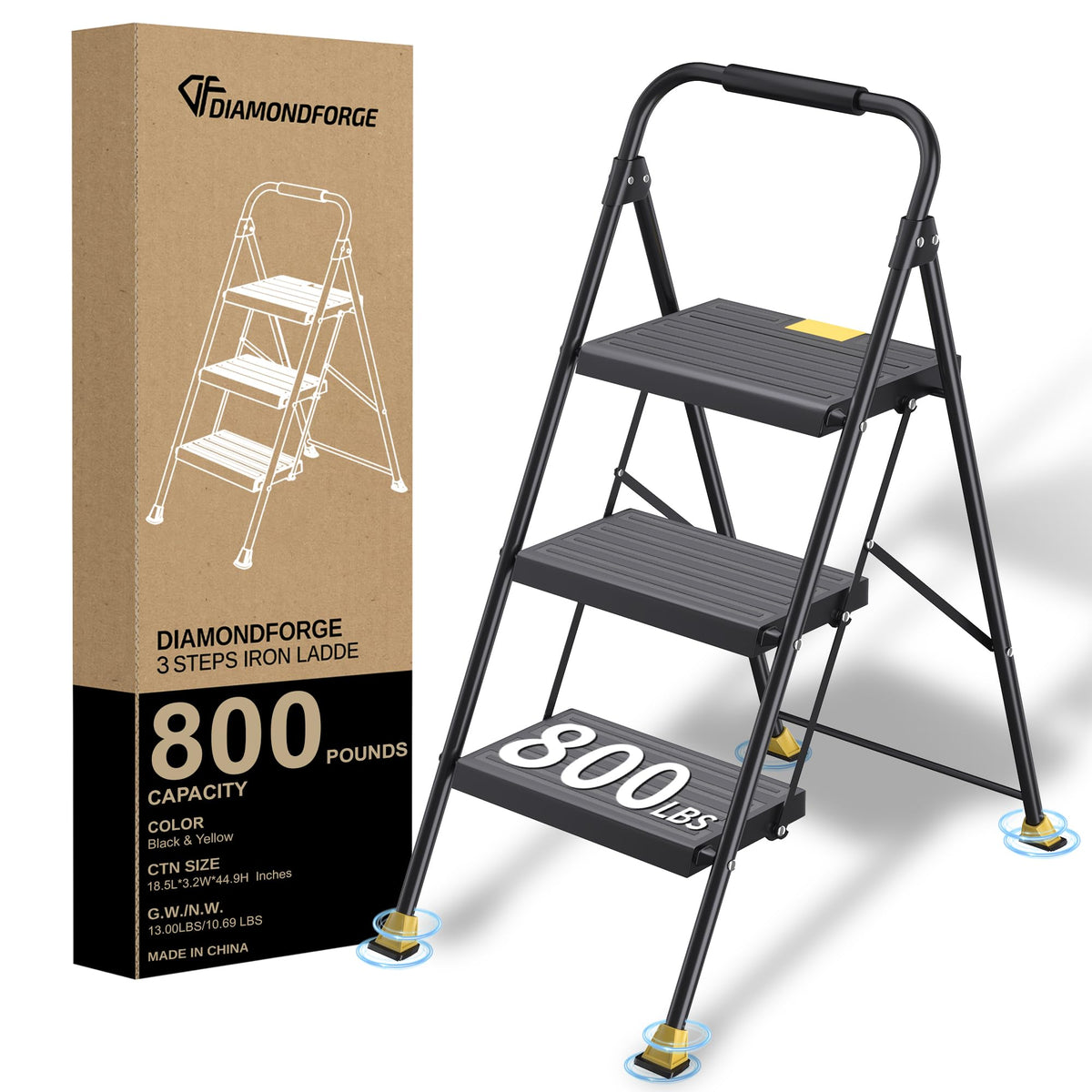 DiamondForge 3-step foldable ladder with handrails for secure indoor reach