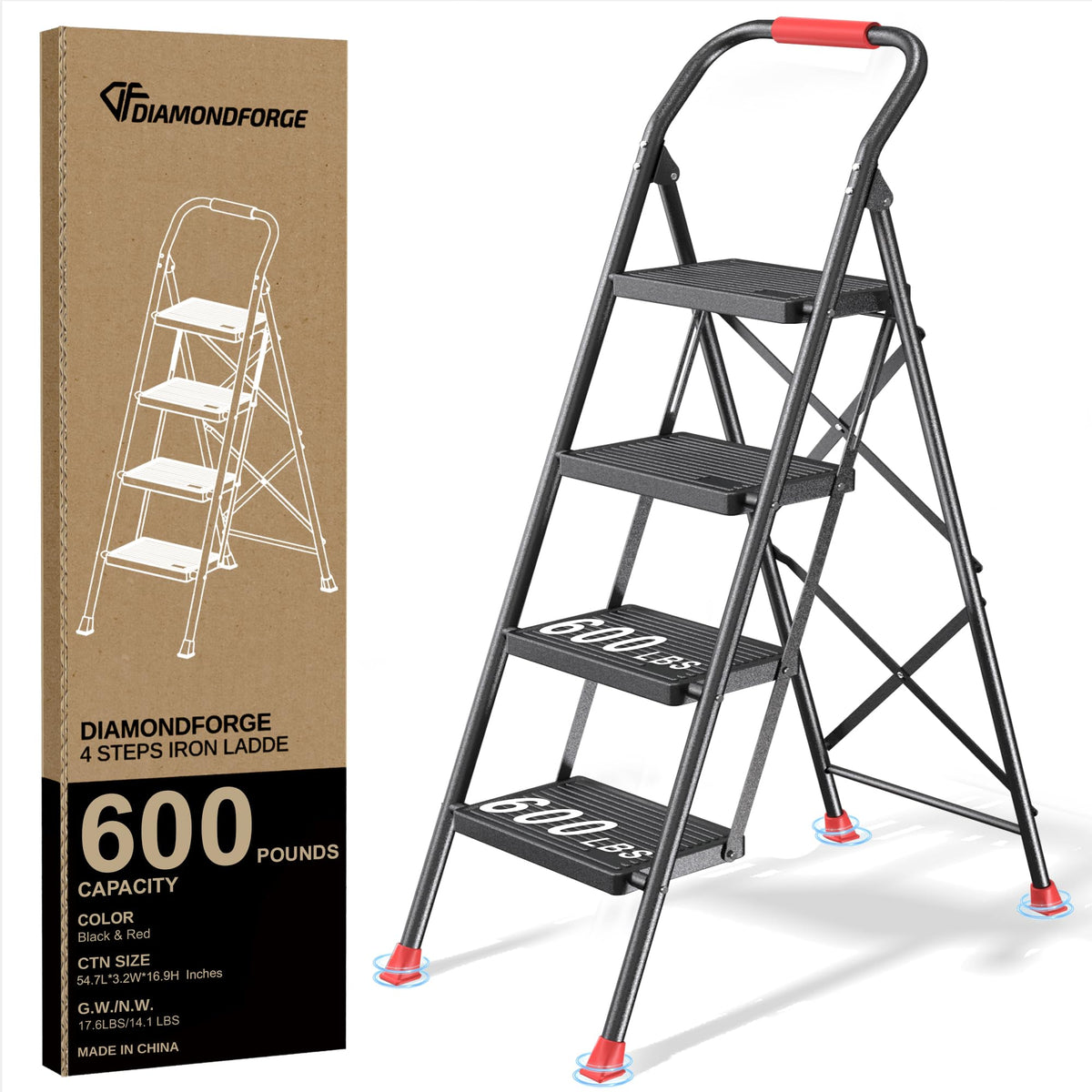 DIAMONDFORGE 4-step foldable ladder main image showing sturdy steel and compact profile.