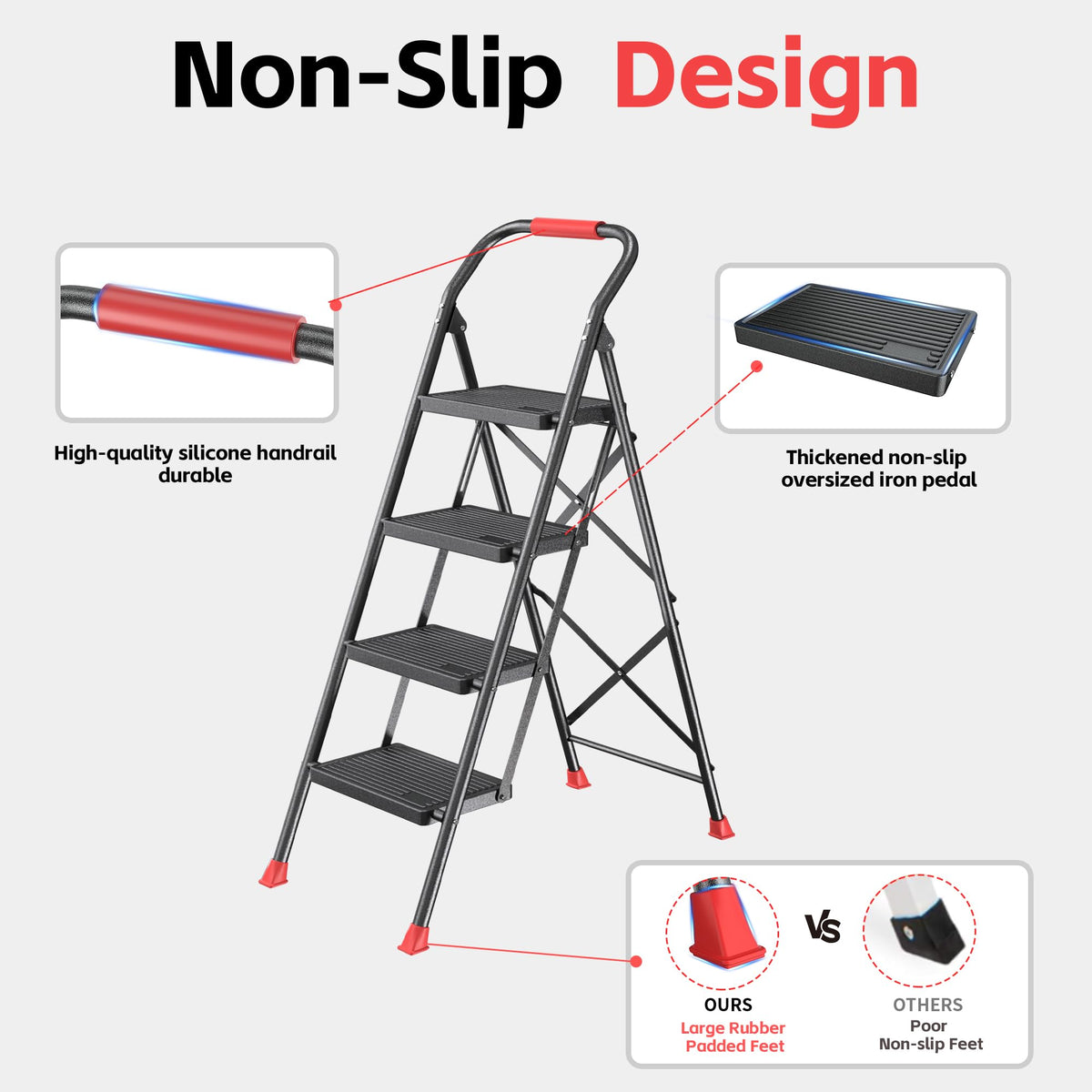 DIAMONDFORGE 4-step ladder in kitchen reaching high cabinets safely.