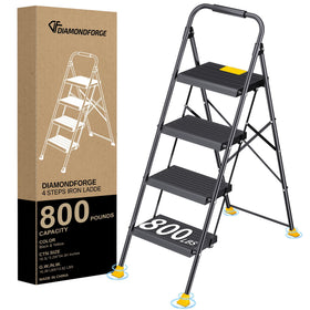 DiamondForge foldable 4-step ladder with handrails for safe indoor reaching and storage.