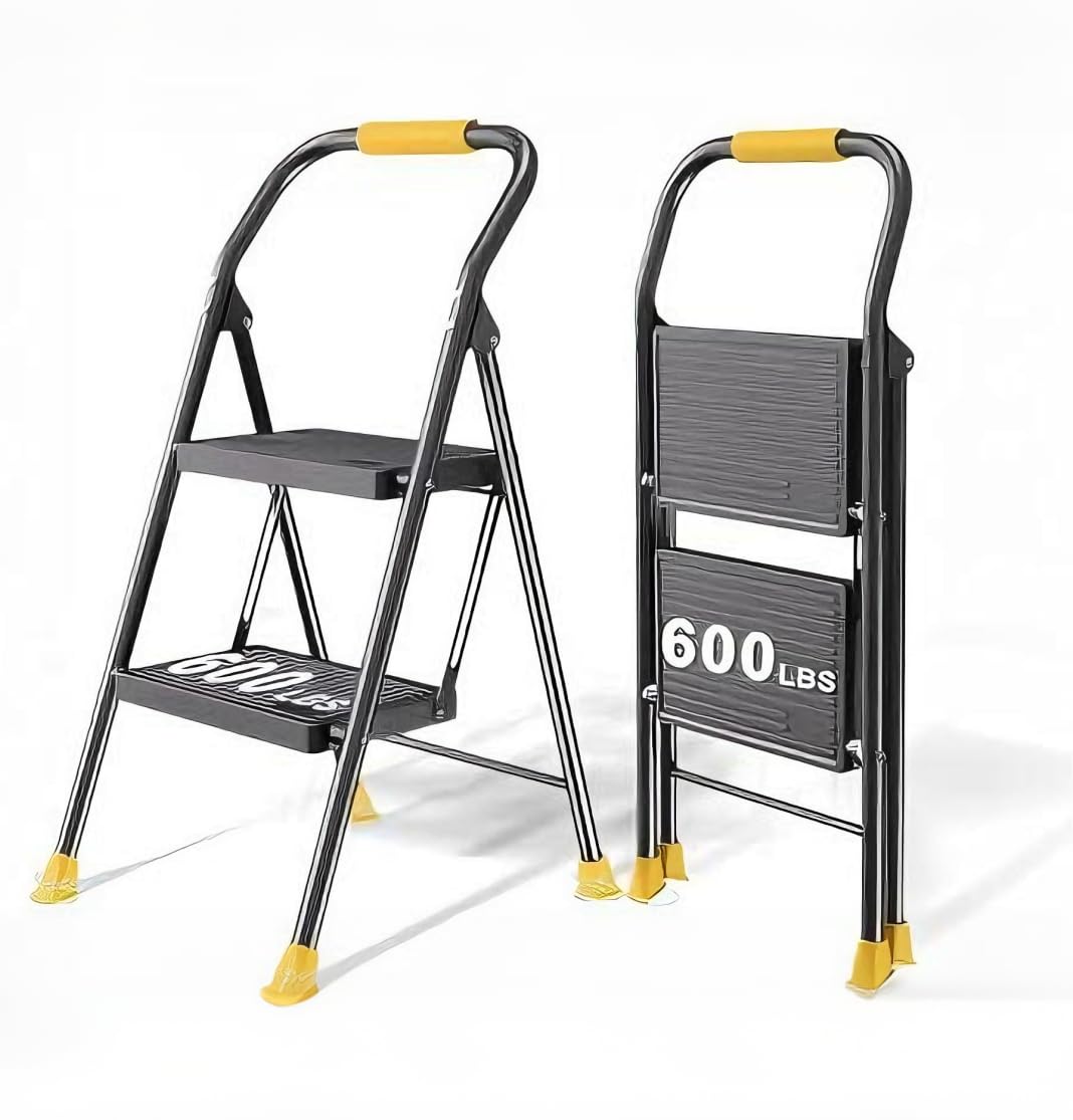 DiamondForge foldable step ladder folded compact for easy closet storage.