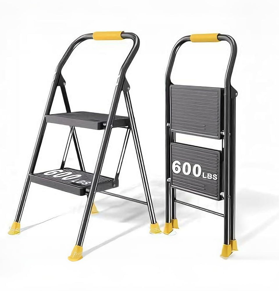 DiamondForge foldable step ladder folded compact for easy closet storage.
