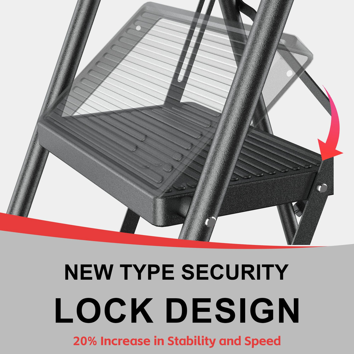 DIAMONDFORGE ladder with non-slip treads and rubber feet for floor protection.