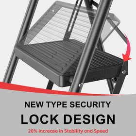 DIAMONDFORGE ladder with non-slip treads and rubber feet for floor protection.