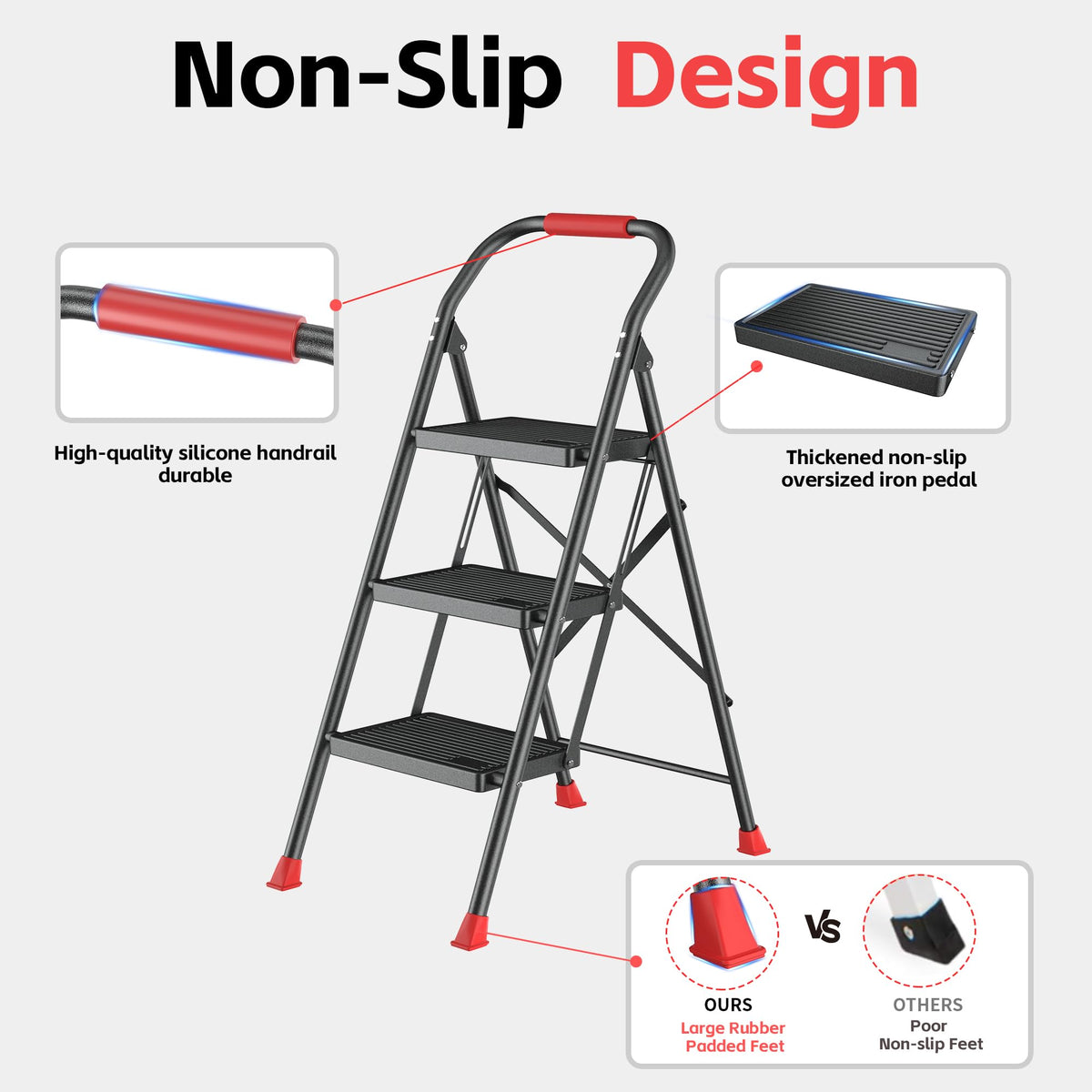 DiamondForge non-slip treads and rubber feet improve stability on any floor.