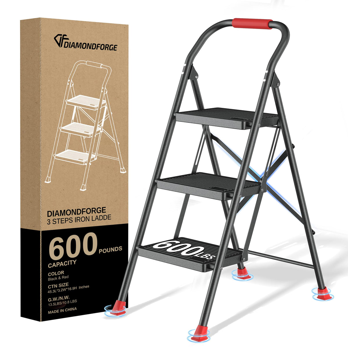 DiamondForge 3-step ladder in use, sturdy and safe for reaching high shelves.