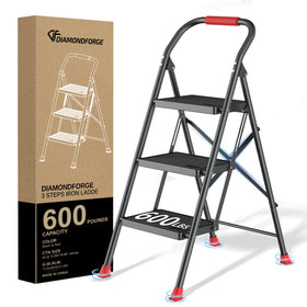 DiamondForge 3-step ladder in use, sturdy and safe for reaching high shelves.