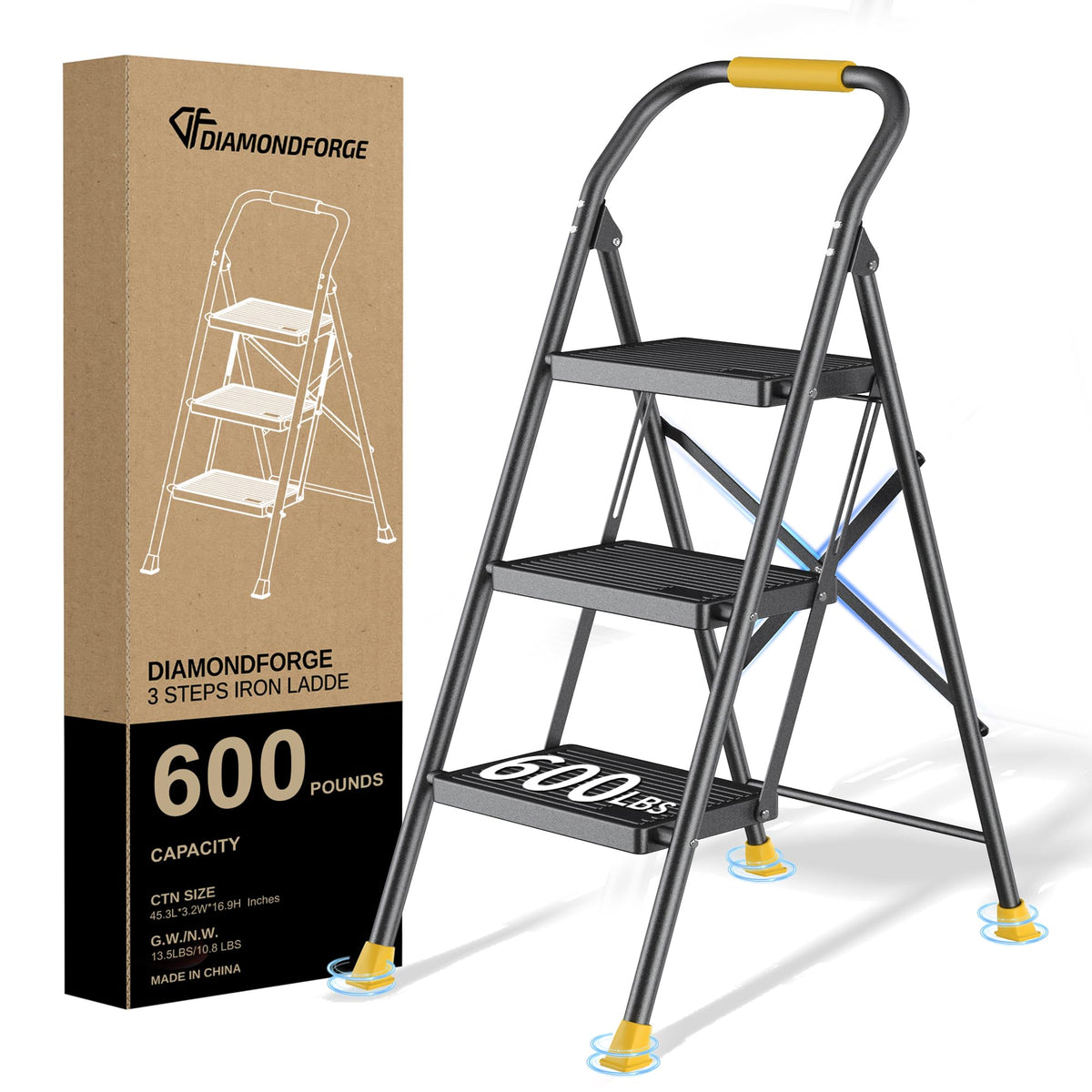DiamondForge step ladder folded profile shows compact storage