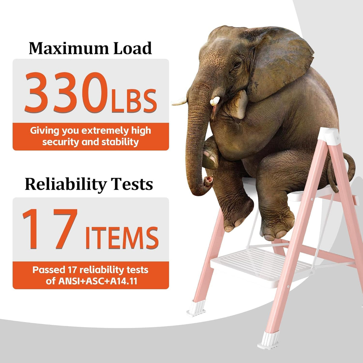 DiamondForge two-step ladder in use reaching high shelves safely.