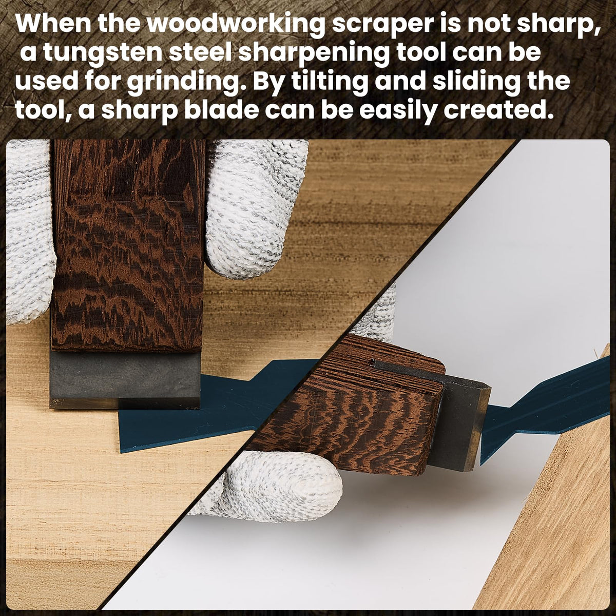 DIAUHNL card scraper in use showing tilt technique for smooth shavings.