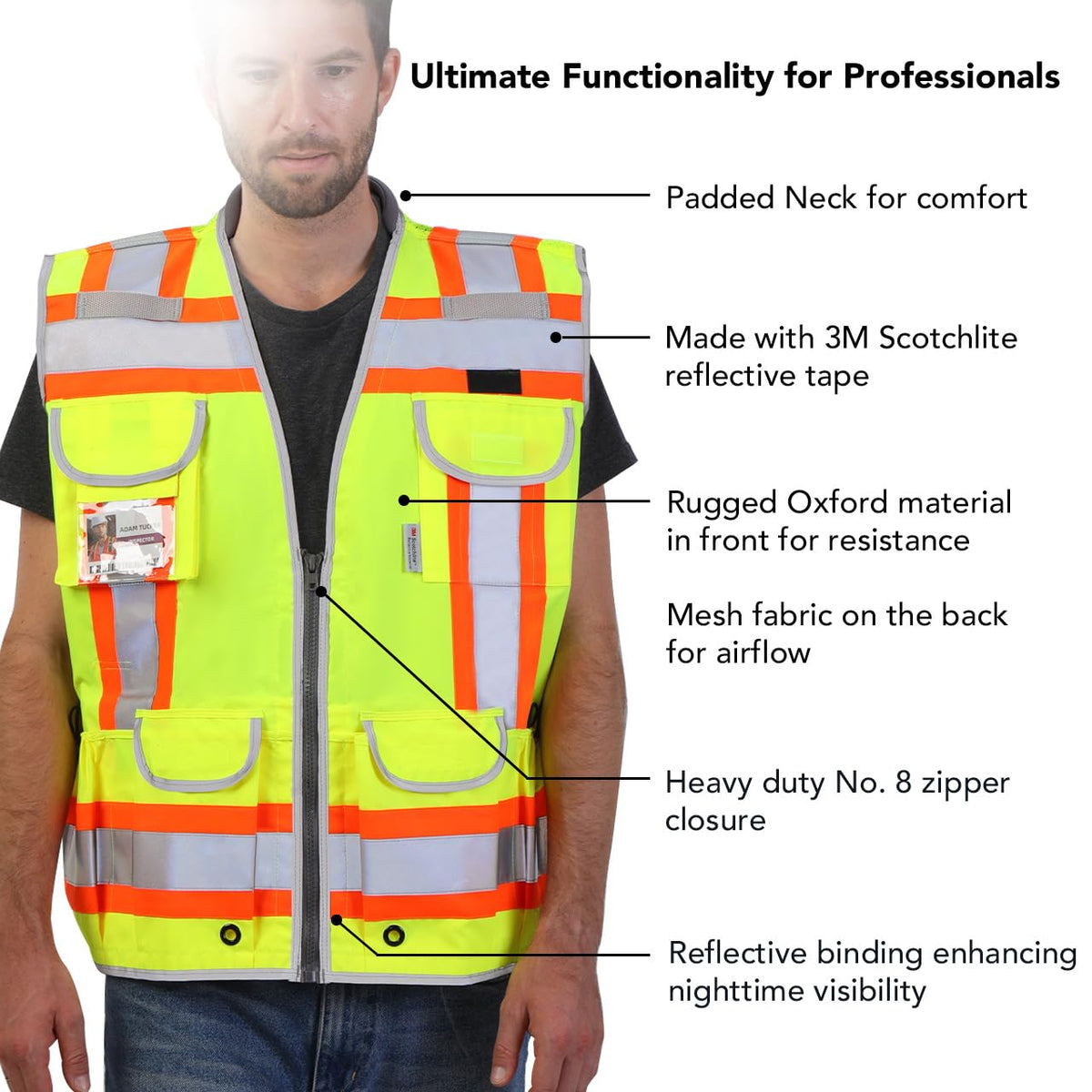Dib Safety front radio pocket detail demonstrates quick access during shifts.