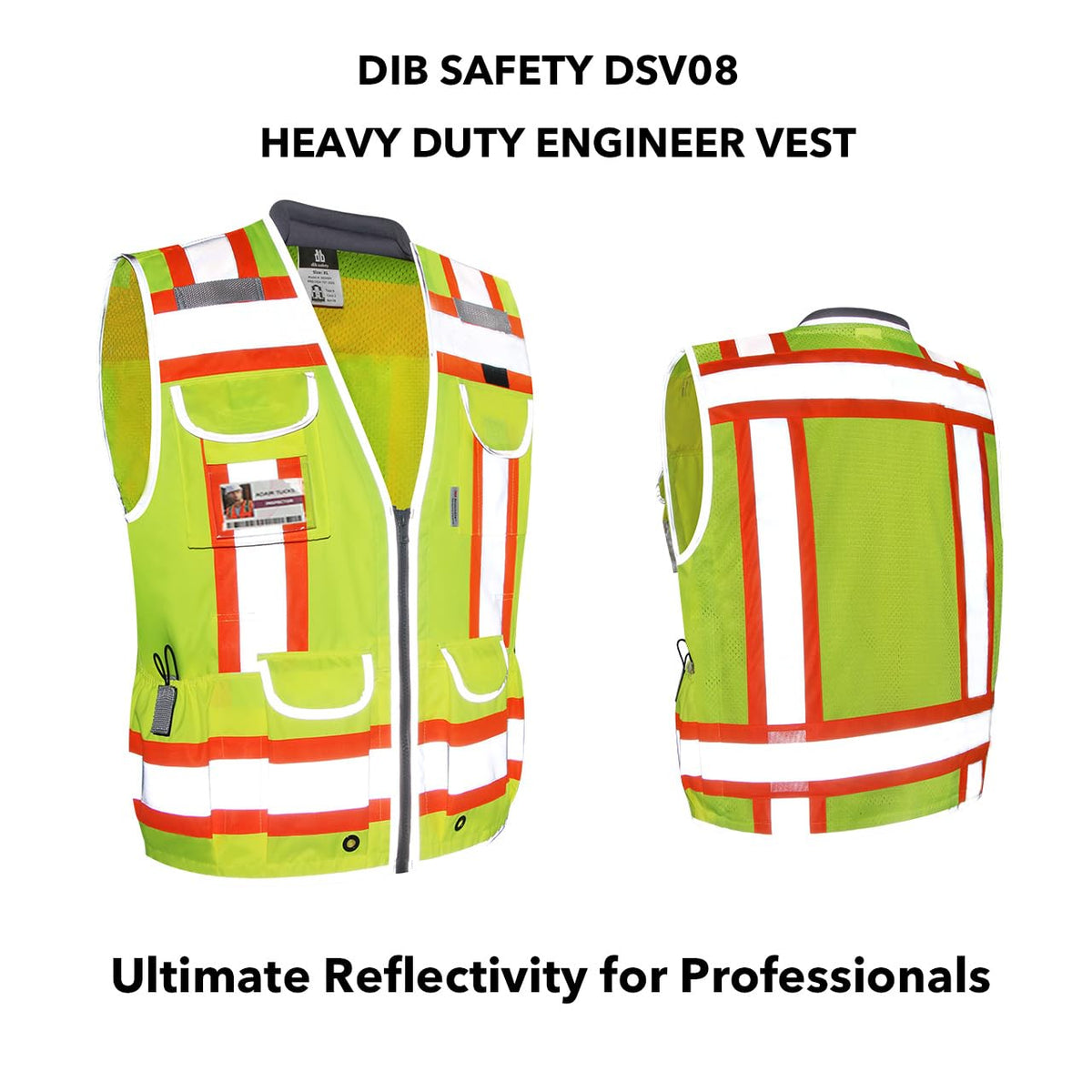 Dib Safety reflective vest zipper closeup emphasizes rugged closure.