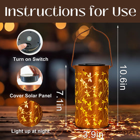 DIBIEECN dragonfly pattern lantern emits warm light at night.