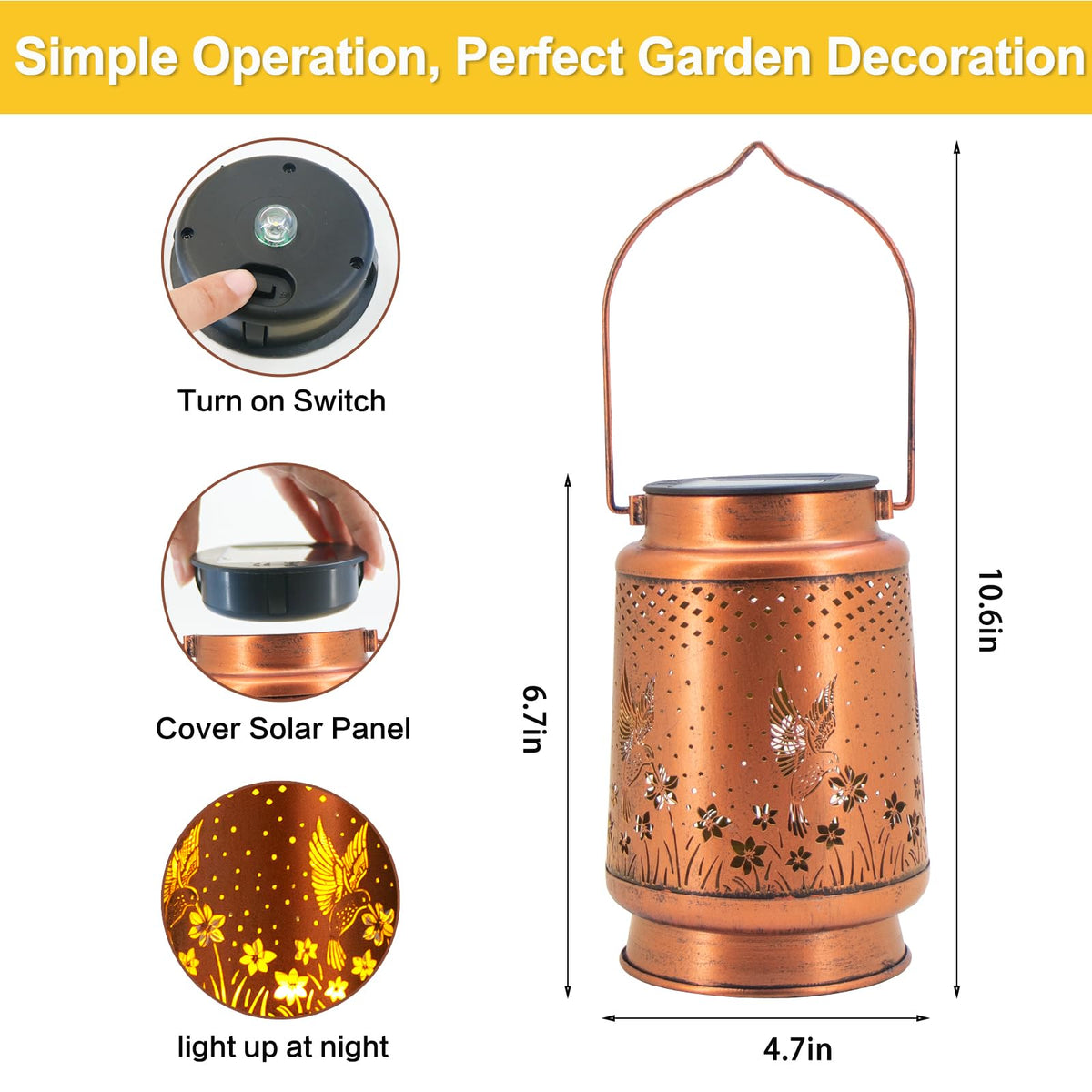DIBIEECN hummingbird solar lantern easy to hang on walls or trees.