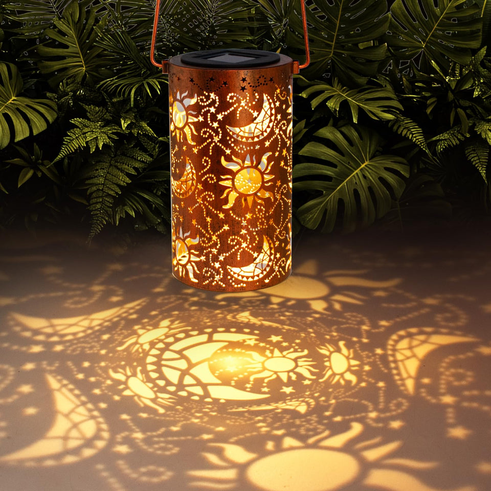 DIBIEECN sun and moon lantern provides warm outdoor ambiance.