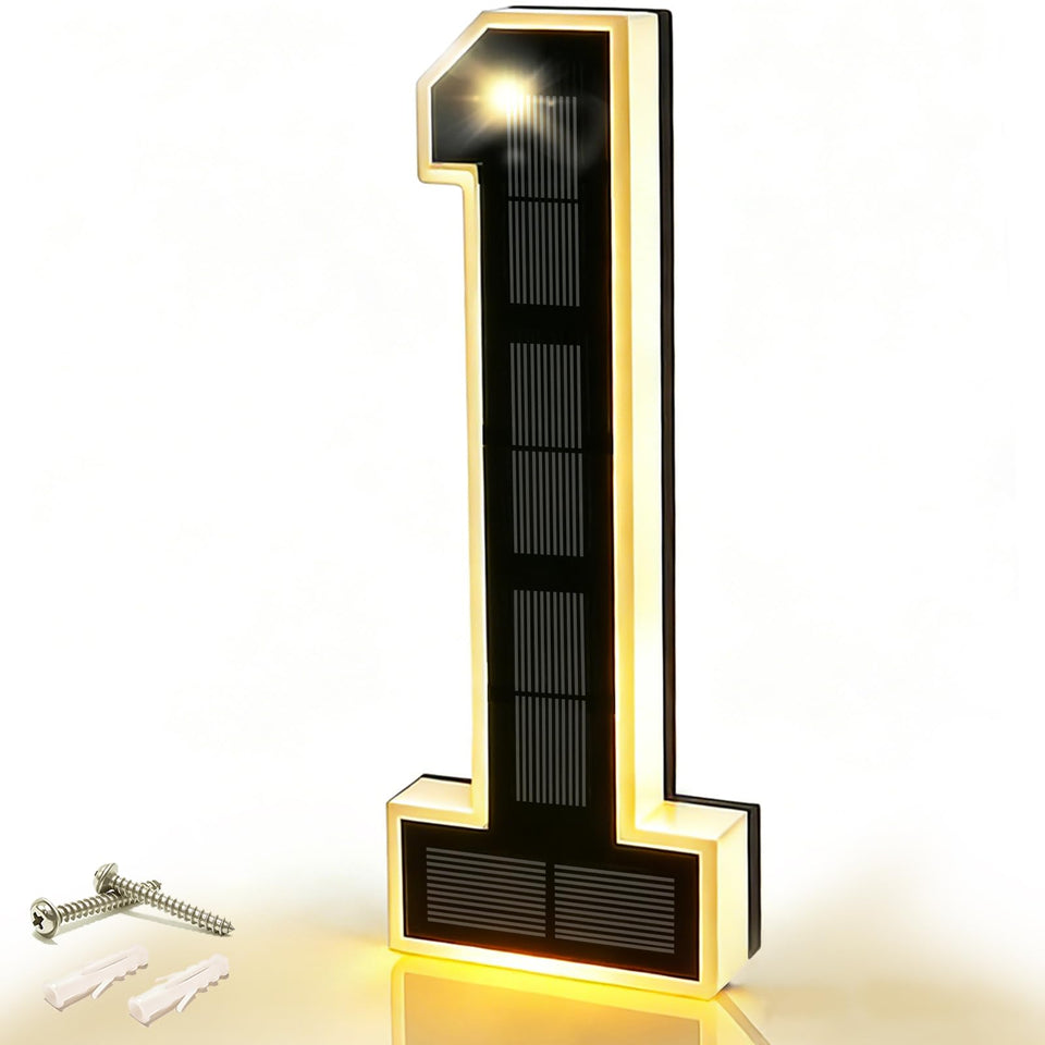 DIBMS 9-inch solar lighted house number digits illuminate outdoor addresses at night.