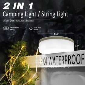 DIBMS camping string light battery charging shows USB-C quick recharge for outdoor use.