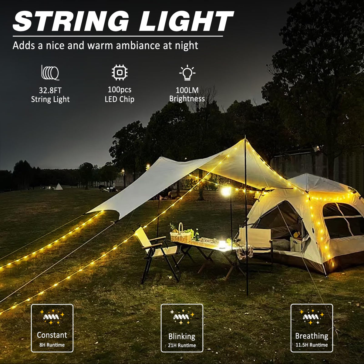 DIBMS camping string light waterproof housing ensures reliable outdoor performance.