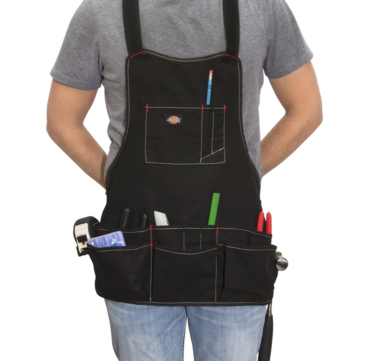 Dickies 16-pocket bib apron reinforced edges improve durability in busy workshops