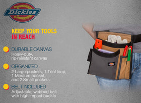 Dickies adjustable belt with high-impact buckle fits waists 32 to 52 inches.