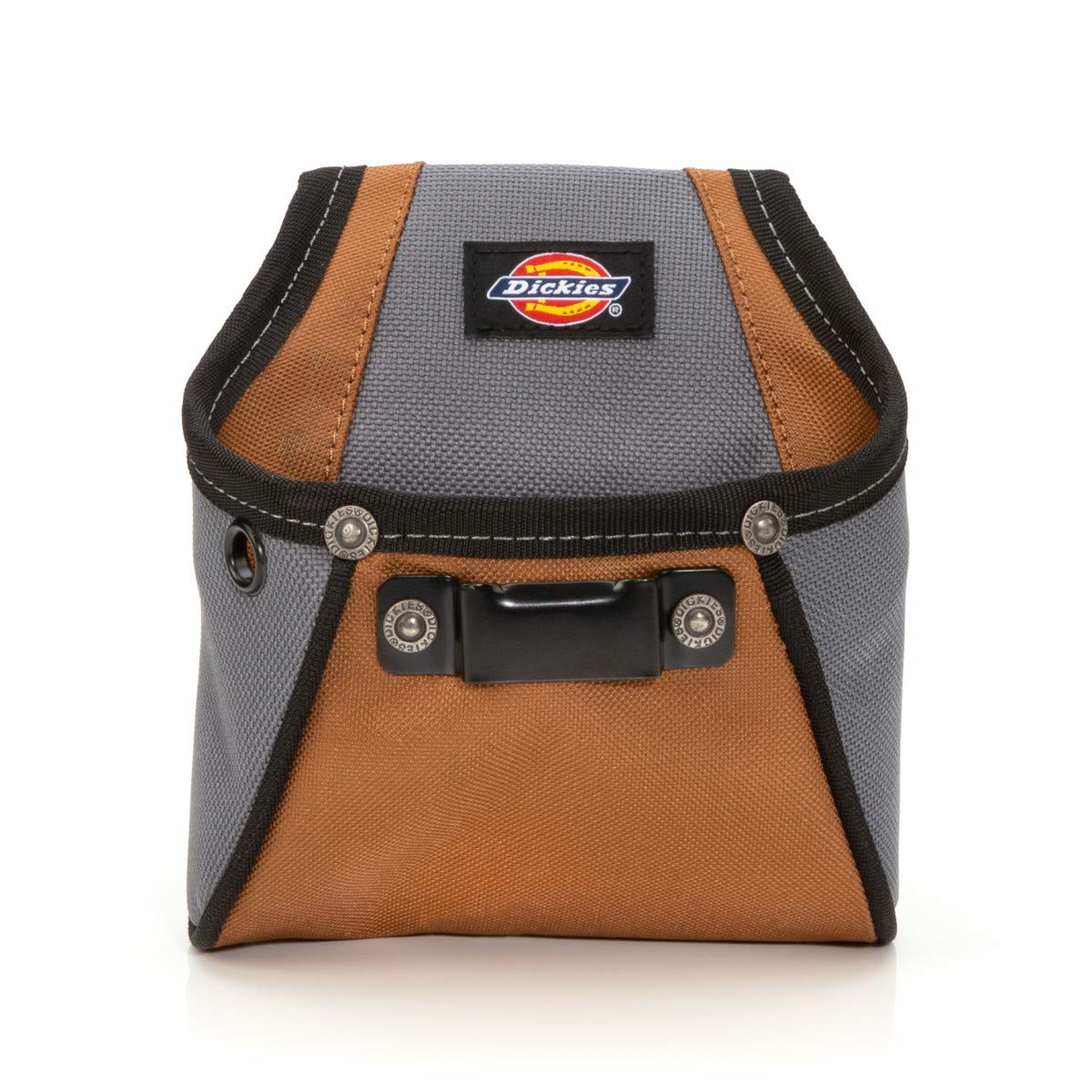 Dickies rigid nail pouch front view with belt clip showing easy-access fasteners.