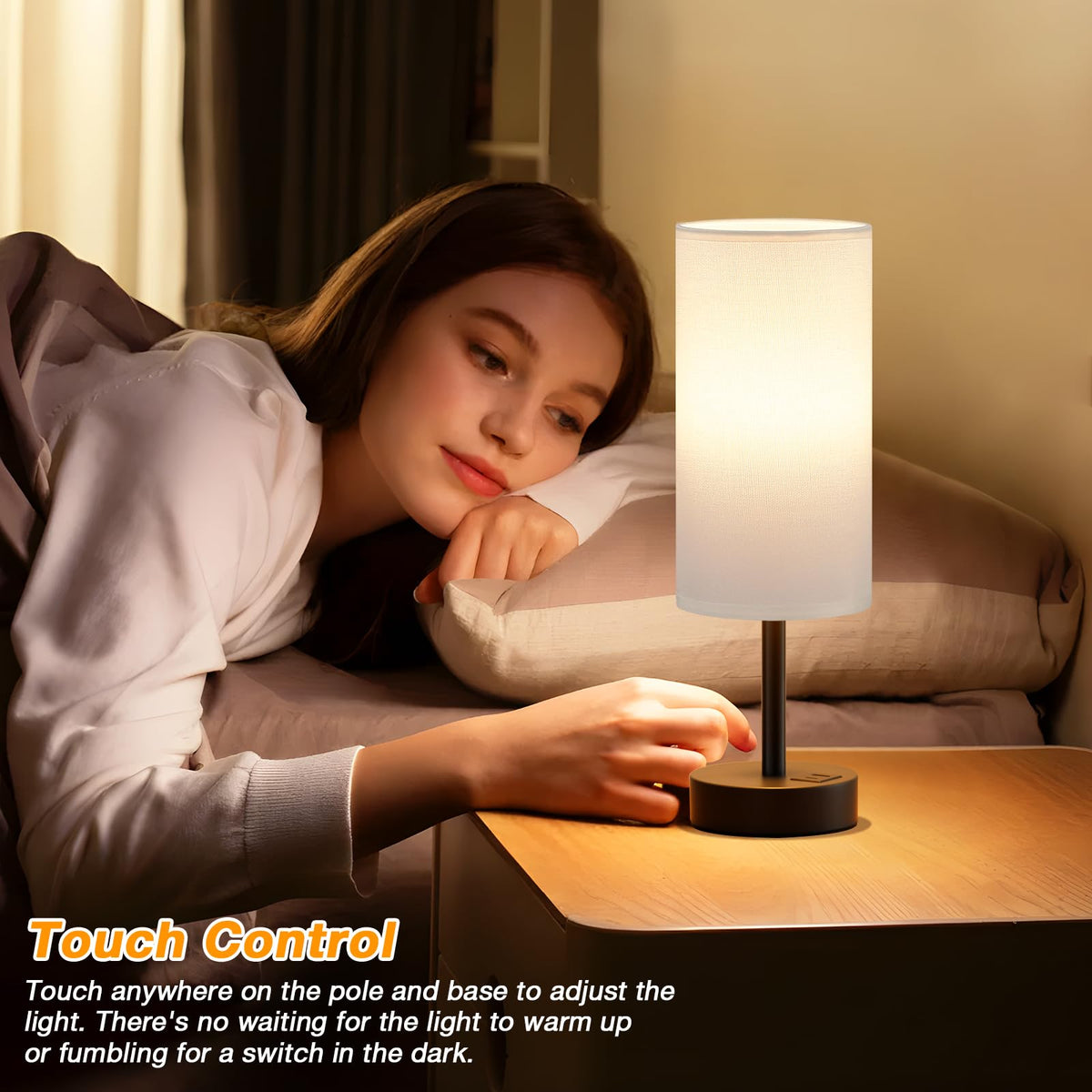 Dicoool bedside lamp with touch control and USB charging for night use.