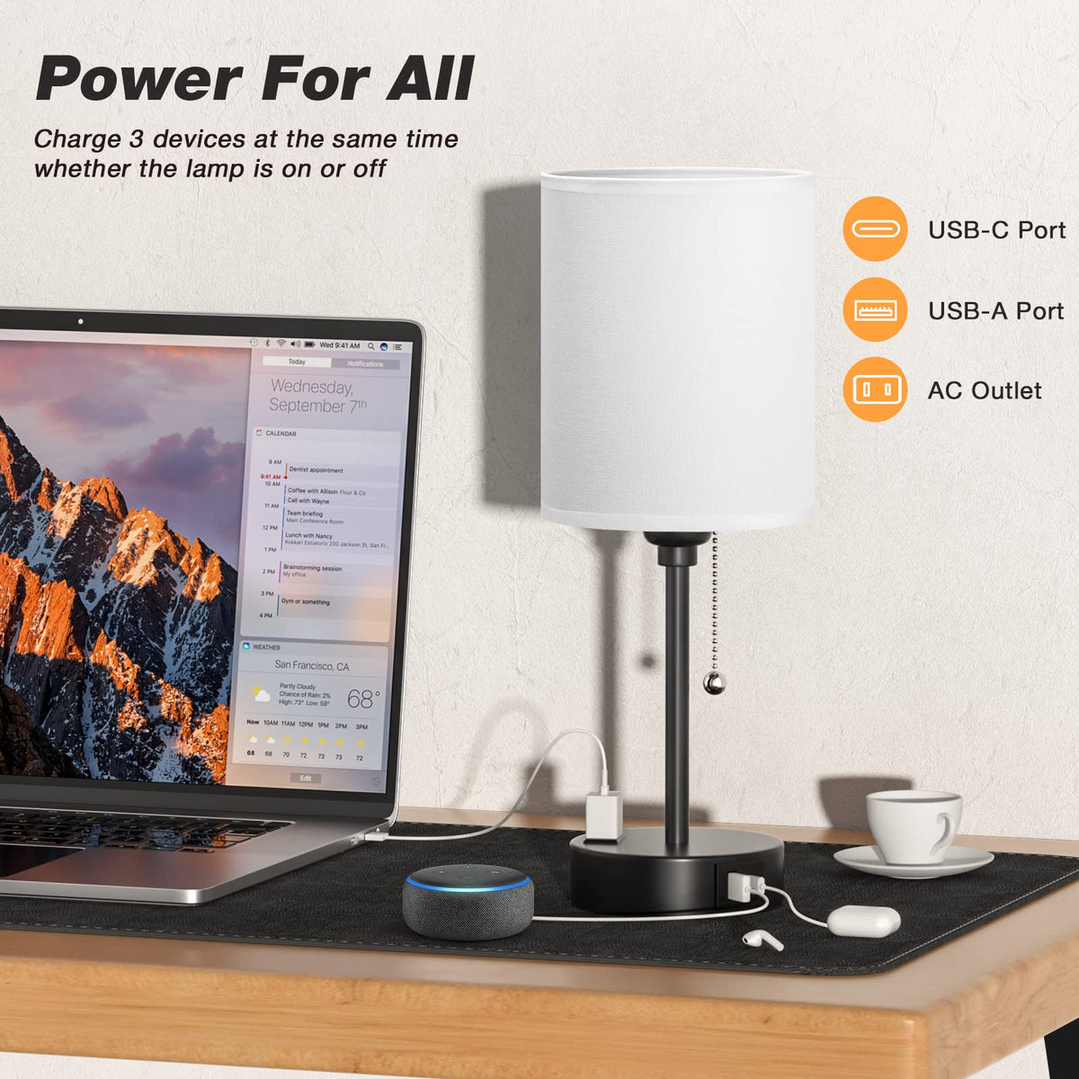 Dicoool bedside lamp showing USB-C port for convenient device charging