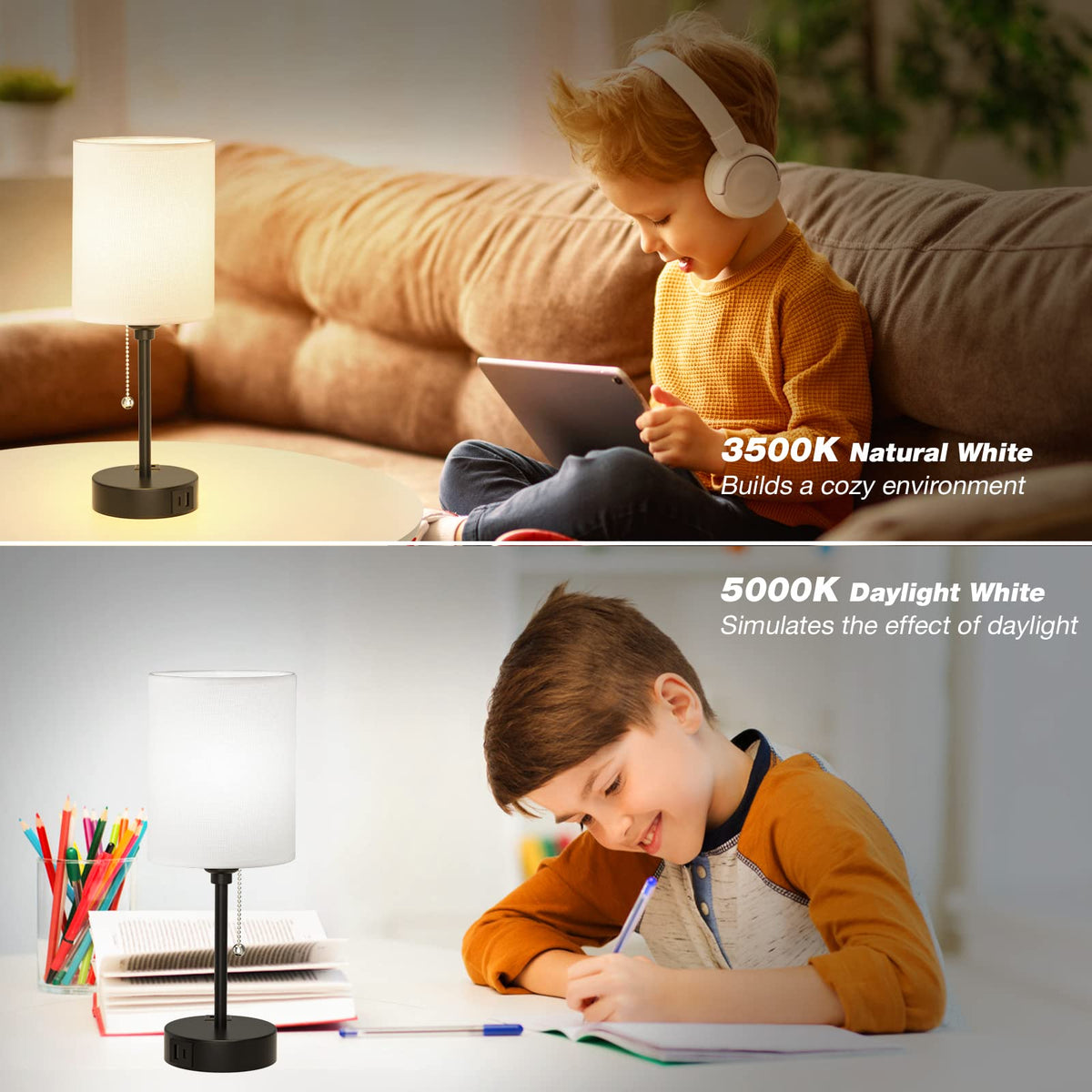 Dicoool bedside lamp with white linen shade emitting soft, diffused light
