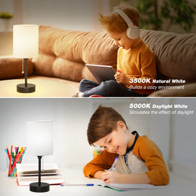 Dicoool bedside lamp with white linen shade emitting soft, diffused light