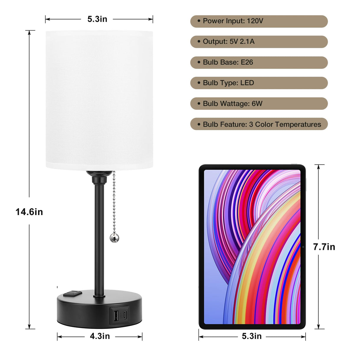 Dicoool lamp showing USB-C port, USB-A port, and AC outlet for charging