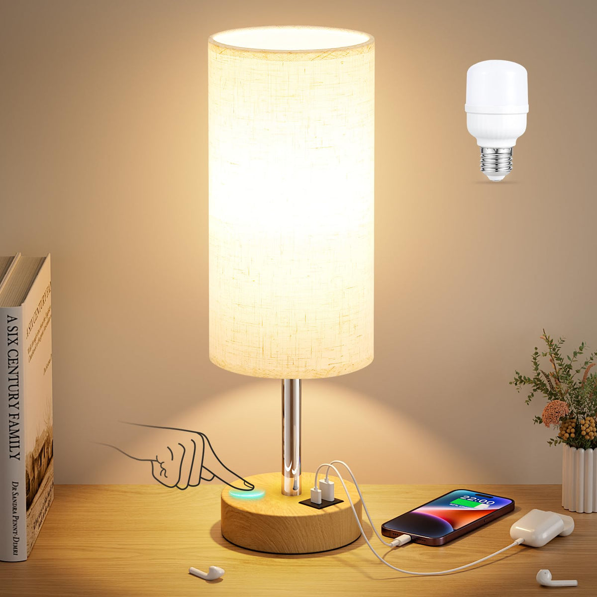 Dicoool touch bedside lamp with USB, easy one-tap control for nightstand lighting