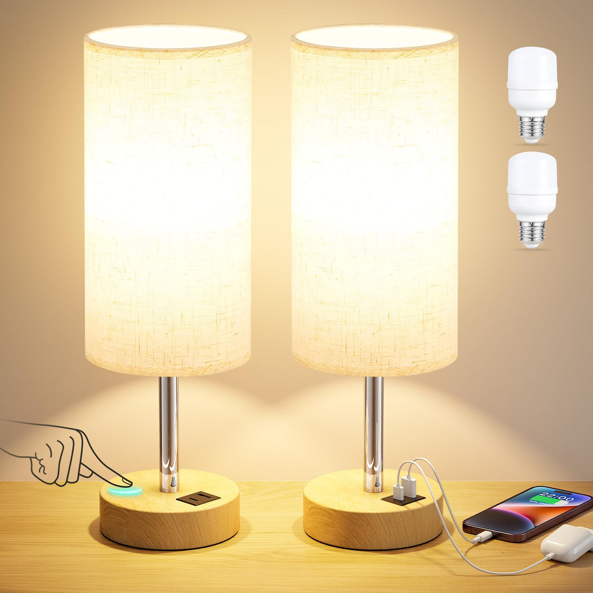 Dicoool touch bedside lamp 2-pack with charging station for easy night use