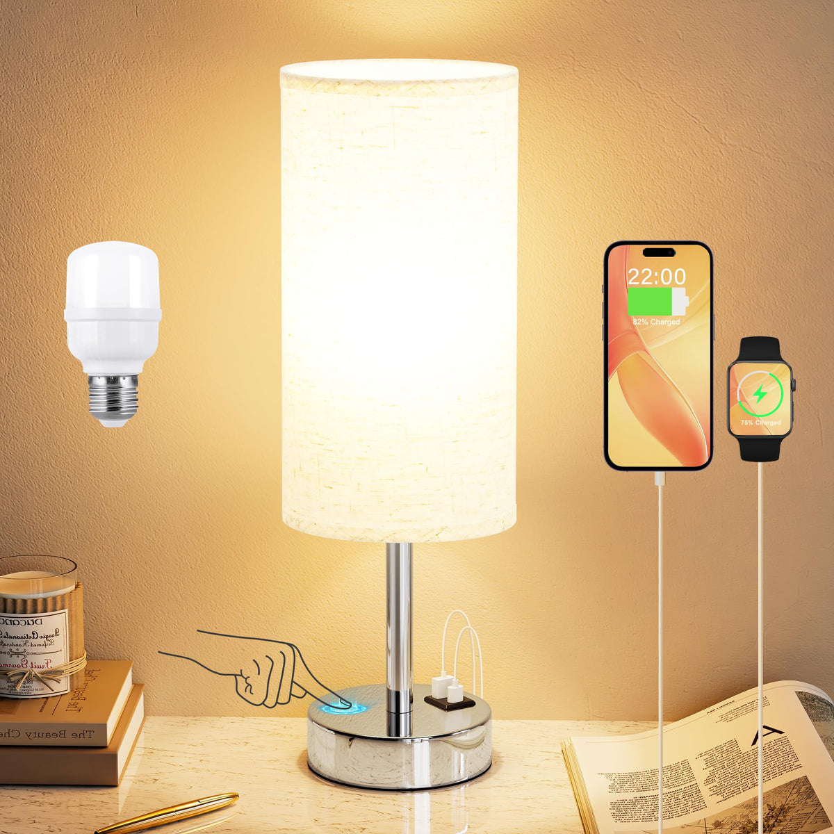 Dicoool touch table lamp base with USB ports for bedside charging