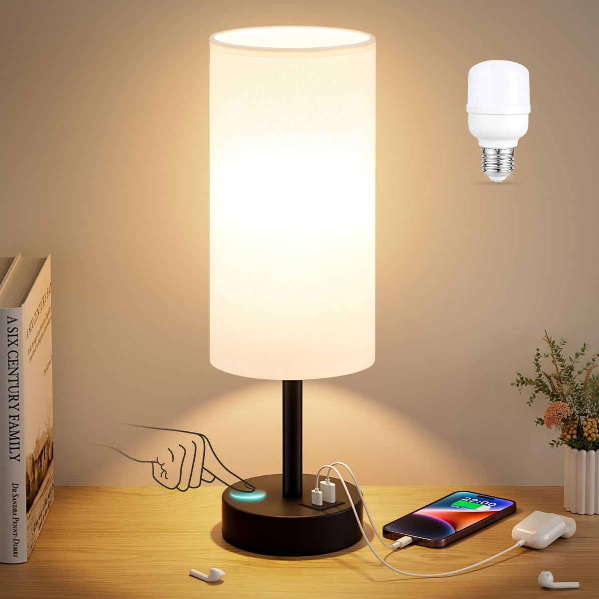 Dicoool white touch table lamp with USB, 3‑way dimming for versatile lighting.