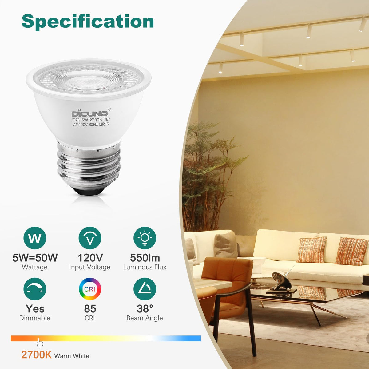DiCUNO PAR16 LED bulb with 38-degree beam for focused artwork or display lighting.