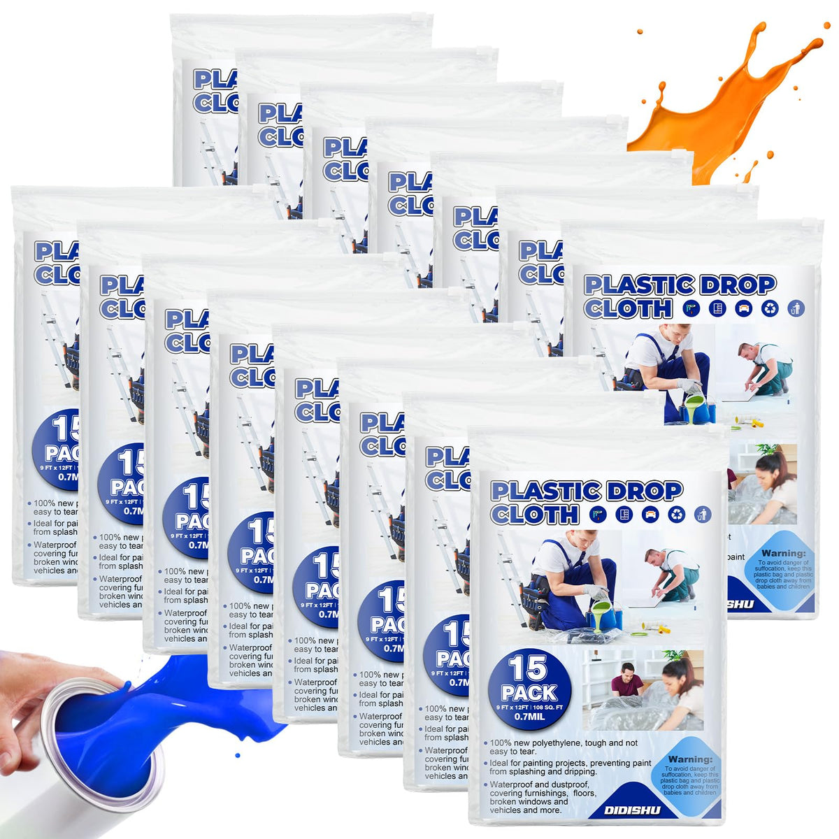 DIDISHU 15-pack drop cloths 9x12 feet protecting floors during painting.