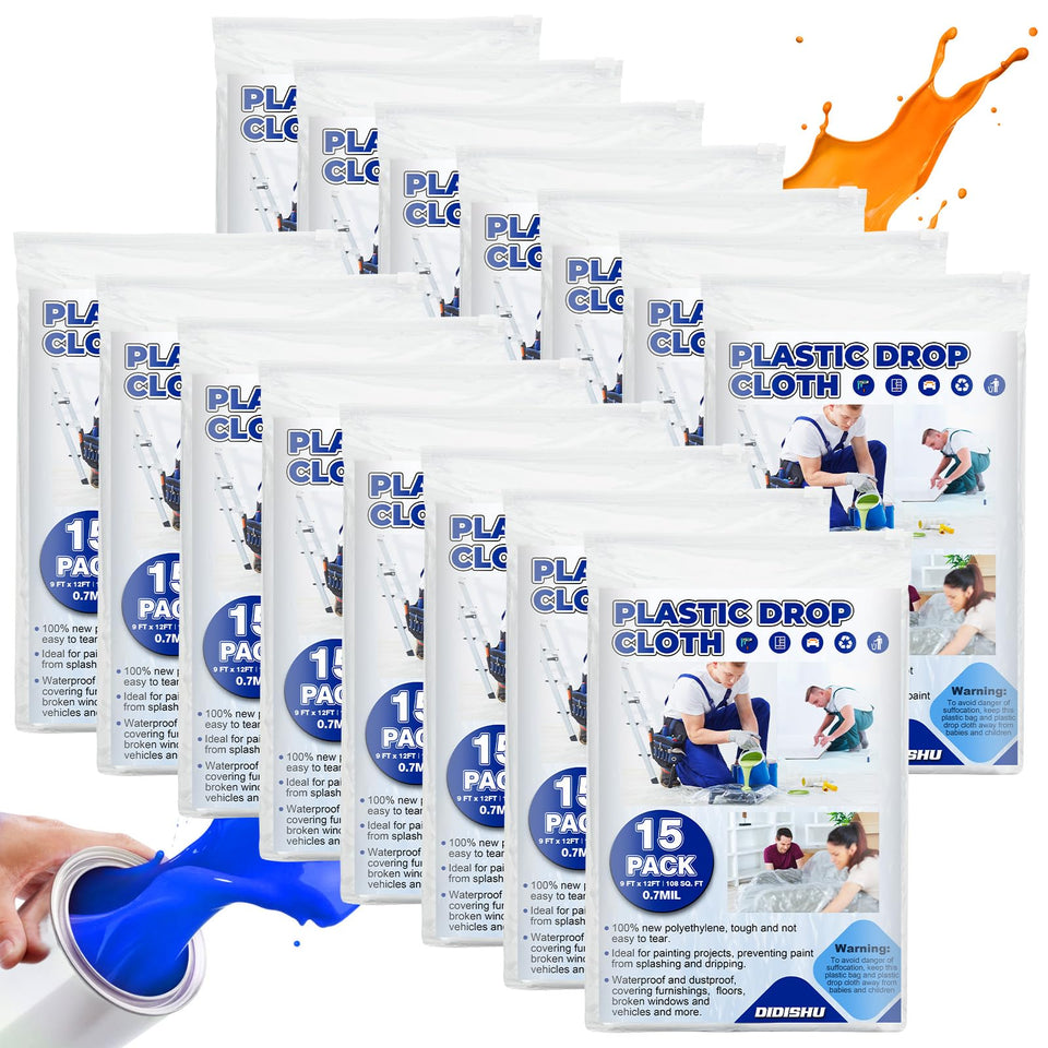 DIDISHU 15-pack drop cloths 9x12 feet protecting floors during painting.