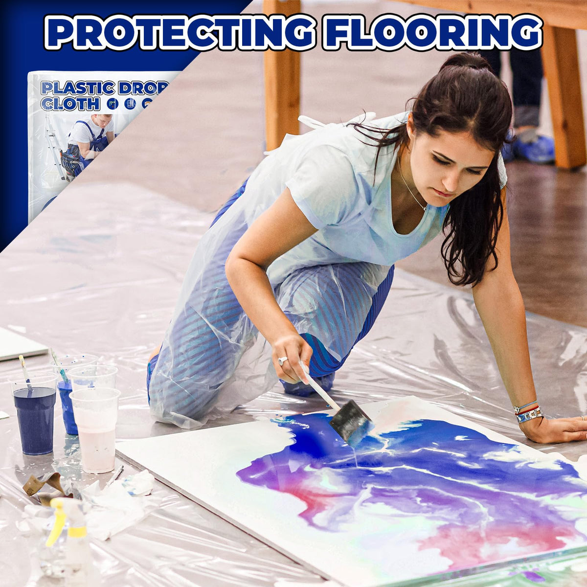 DIDISHU recyclable poly drop sheets protect furniture from paint splatters.