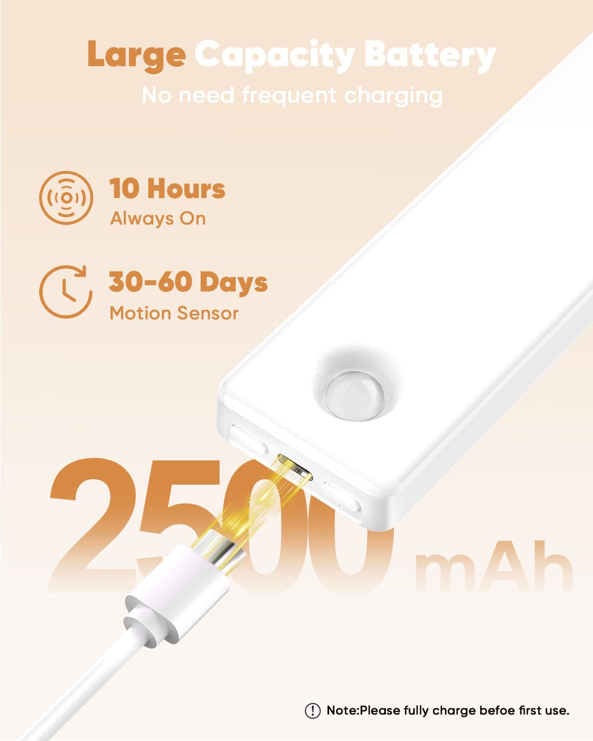 DiDiSky 2500mAh rechargeable battery powers long-lasting closet lighting.