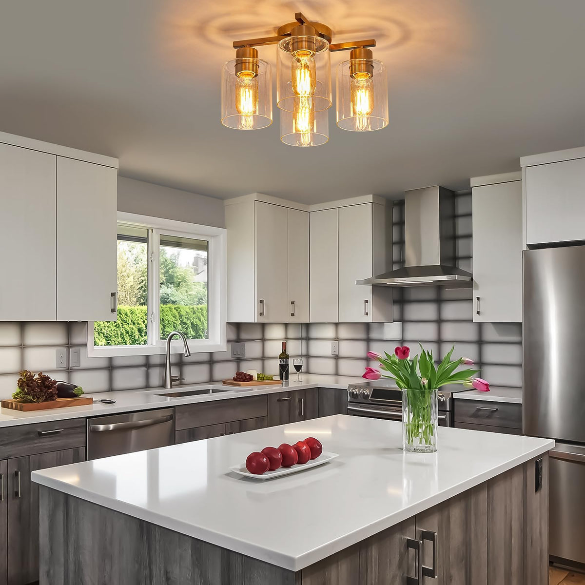 DIDUIO four-light fixture enhances dining and living spaces with modern retro charm.