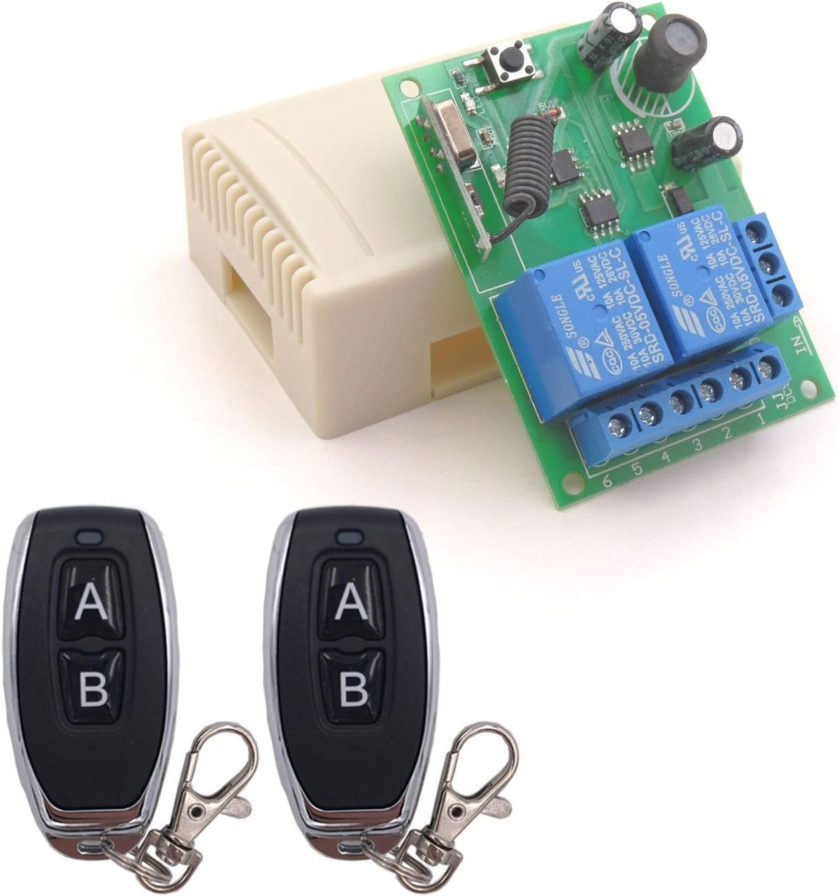 DieseRC DC remote switch receiver board enables wireless control of lights and motors.