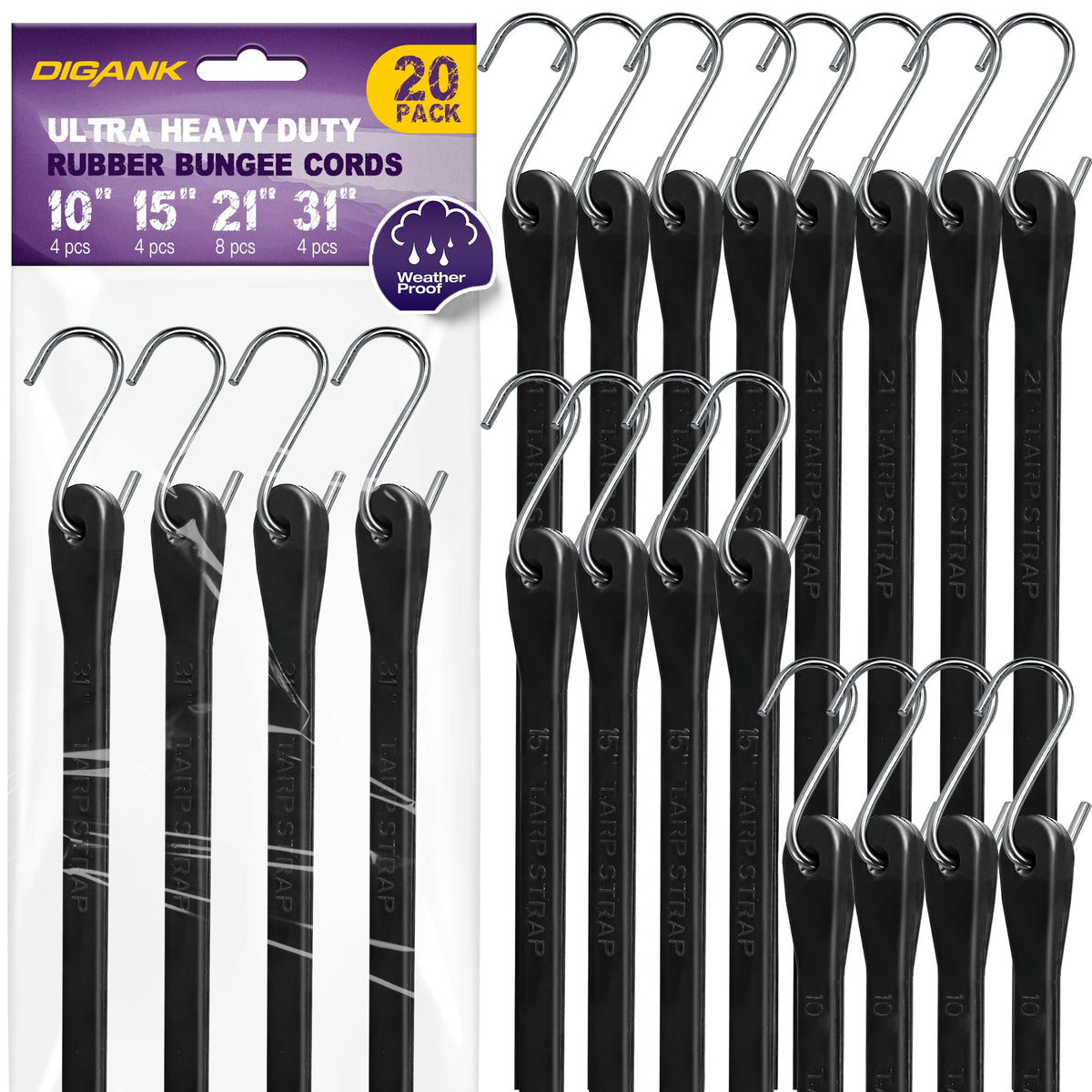 Digank Bungee Cords 20 Pack with hooks; variety lengths for secure cargo distribution