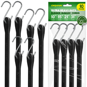 Digank bungee cords with hooks laid out showing multiple lengths for versatile securing