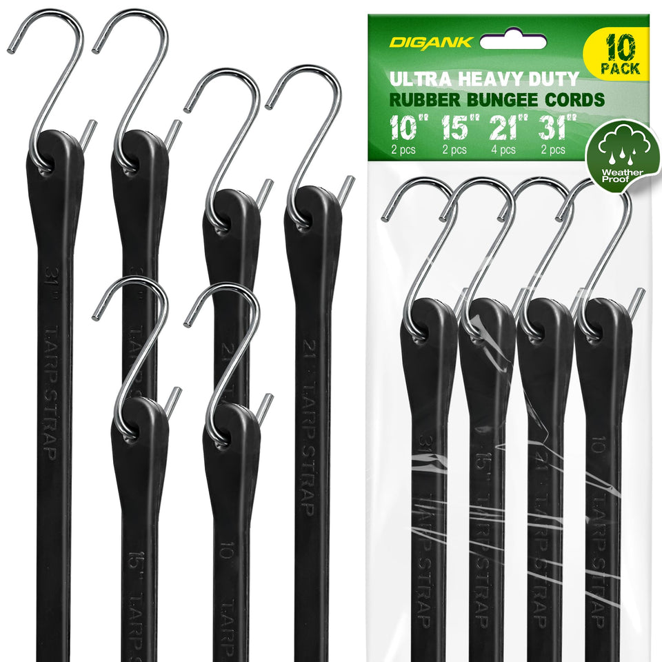 Digank bungee cords with hooks laid out showing multiple lengths for versatile securing