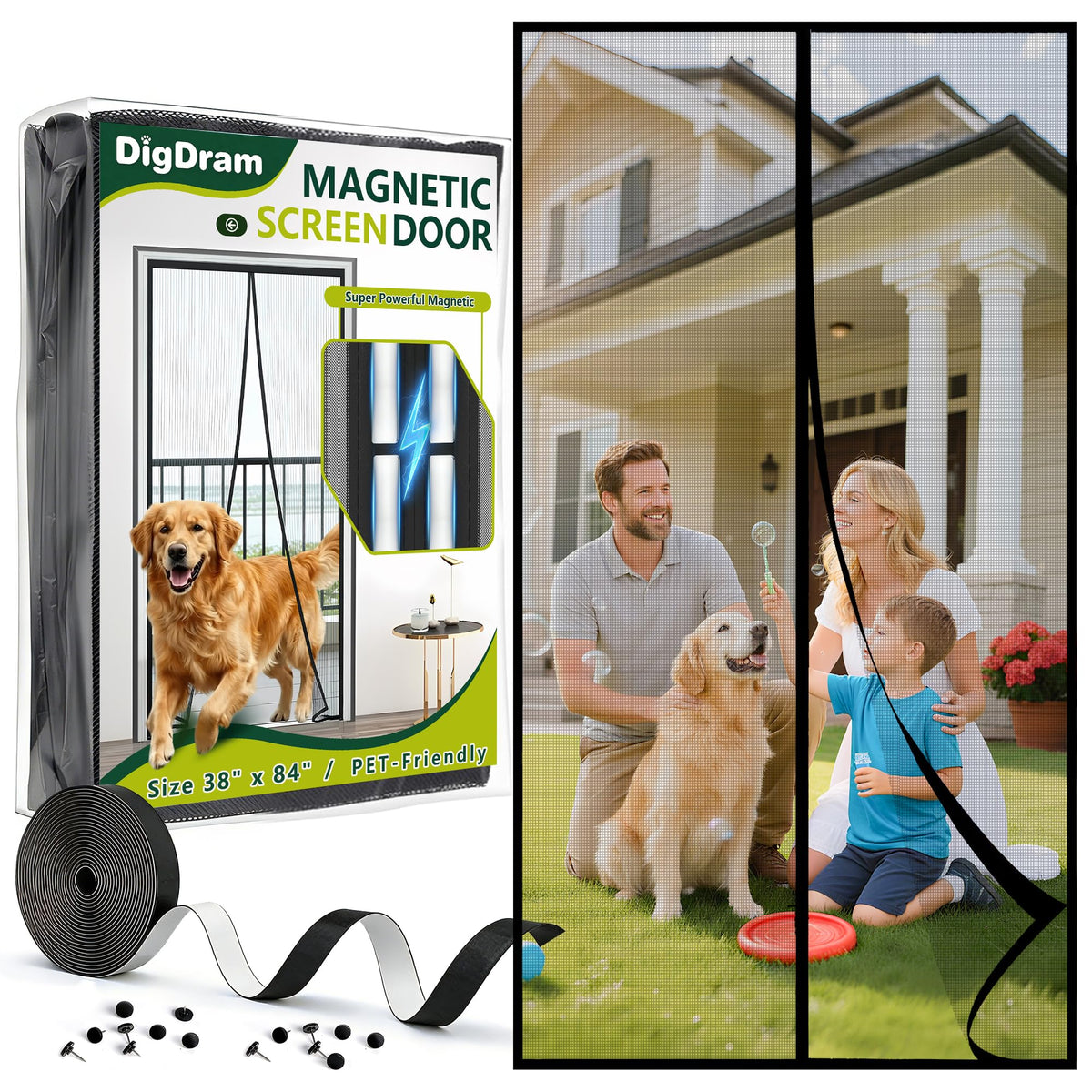 DIGDRAM magnetic screen door with magnets closing for hands-free entry