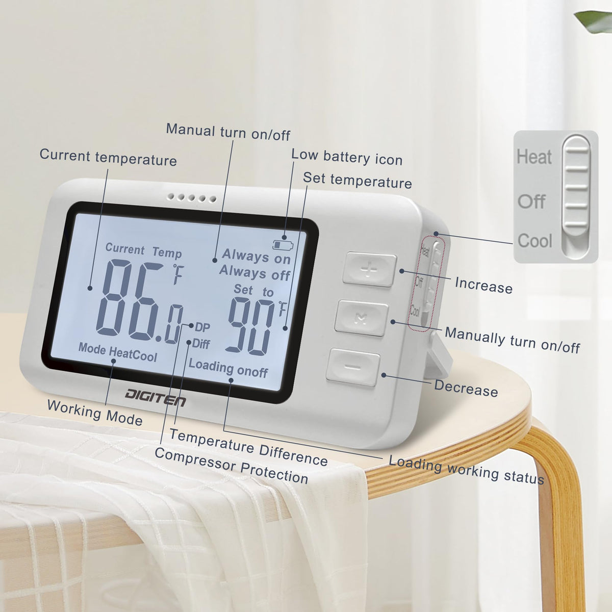 DIGITEN FCC-certified thermostat outlet ensures safe operation.