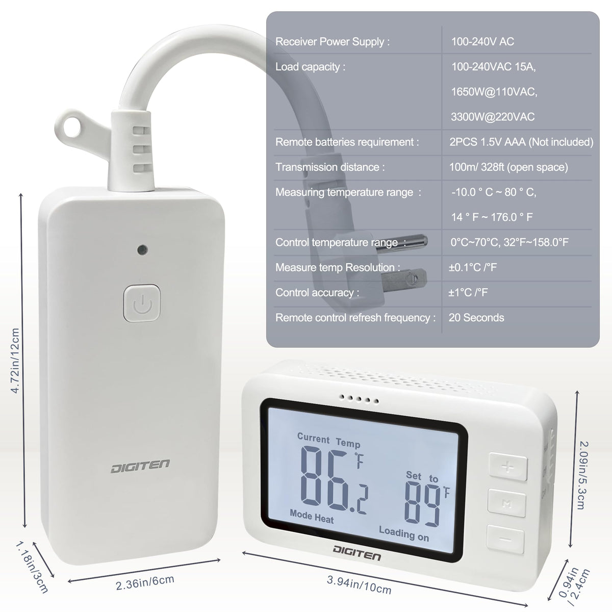 DIGITEN remote controller with backlit display enables precise temperature adjustments.