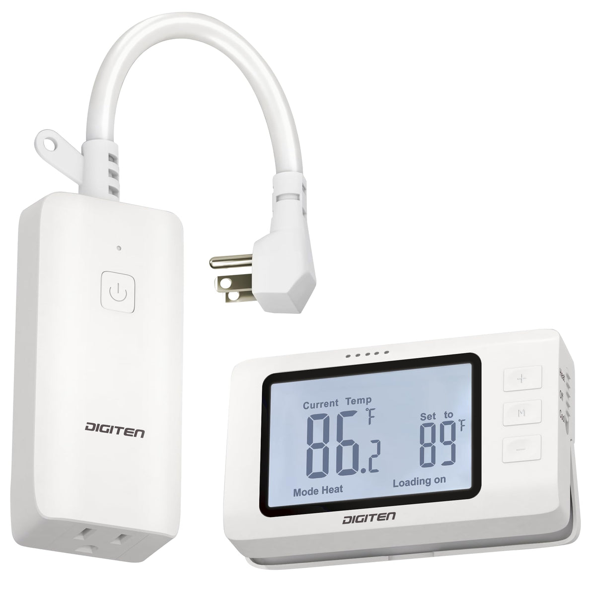 DIGITEN wireless thermostat outlet front view showing compact plug design for small spaces.