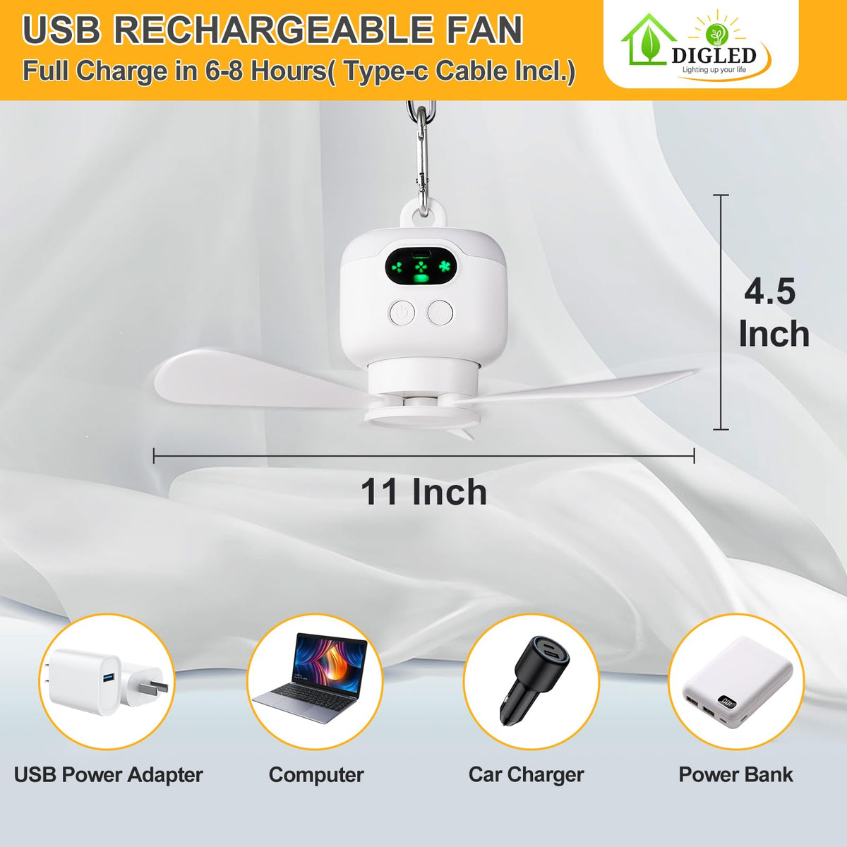 DIGLED 11-inch portable camping fan ready for rugged outdoor use.