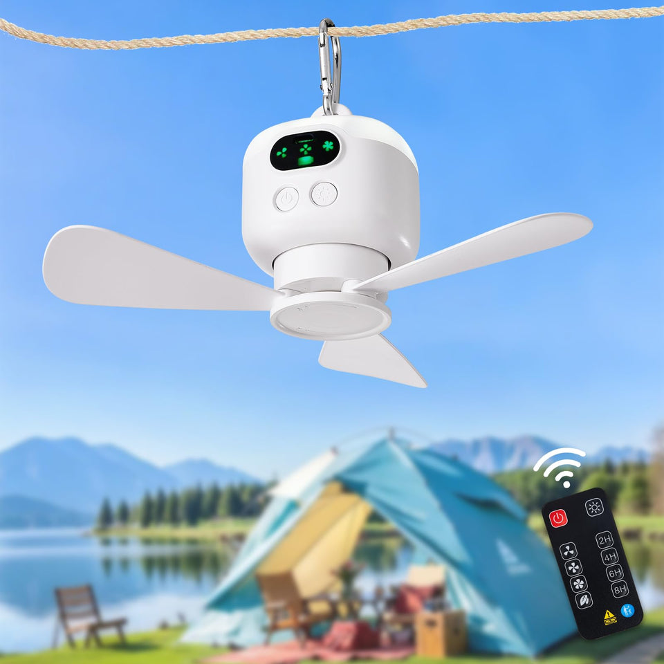 DIGLED battery-operated ceiling fan in packaging ready for portable camping.